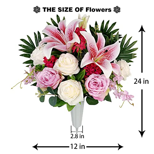 Henomo Artificial Cemetery Flowers For Grave Vase， Headstone Silk Flower Arrangement, Graveside Decoration- Vibrant Pink Lily And Rose, Tombstone Memorial Bouquet With Vase #TOP4