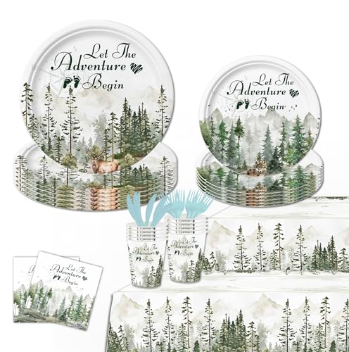 142Pcs Adventure Time Party Decorations Include Plates-Cutlery-Cups-Tablecloths and Napkins for Let The Adventure Begin & Travel Party & Camp Party Decorations 20 Guests