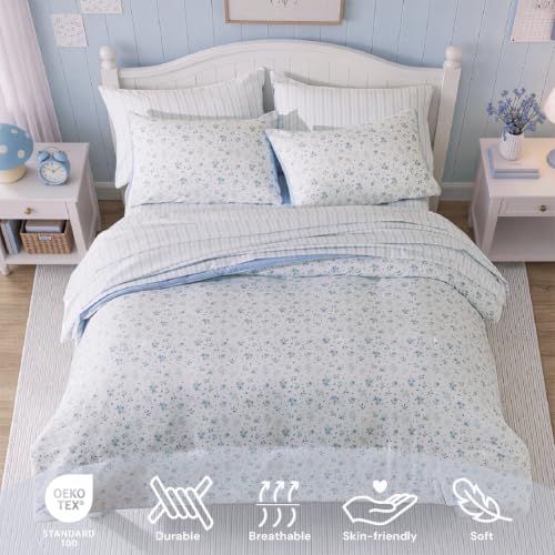 Image of BLOOMHAVEN Full Size Comforter Set for Girls, 7 Pieces Blue Mist Floral Bedding Set, All Seasons Kids Bed in a Bag with Sheets, Pillowcases & Shams