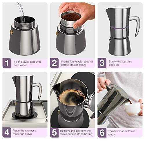 bonVIVO Intenca Stovetop Espresso Maker - Luxurious Italian Coffee Machine Maker, Stainless Steel Espresso Maker Full Bodied Coffee, Espresso Pot For 5-6 Cups, 10 oz Moka Pot SILVER Chrome Finish