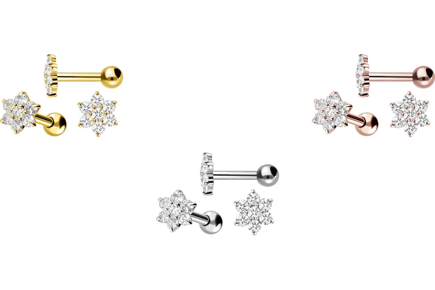PIERCINGLINE 750er Gold Ohrpiercing | 18 KARAT | KRISTALL BLUME | Piercing Ohr Stecker | Farbauswahl