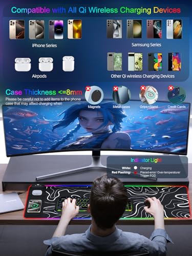 Image of XXL Mouse Pad with Phone Holder - Black, RGB Desk Mat with 15W Fast Charging, LED Gaming Mousepad with 11 Light Colors, Waterproof Non-Slip Pad for Office & Home (Topographic)