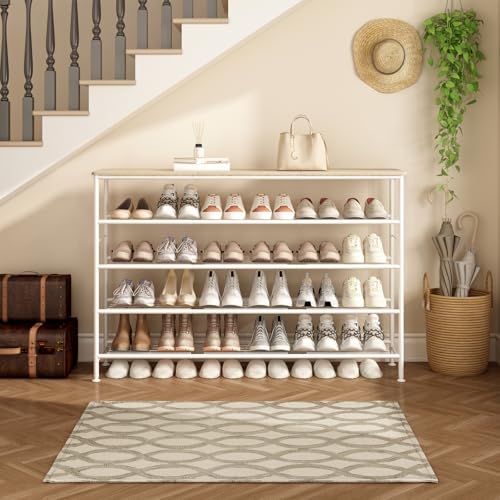 Image of SUOERNUO Shoe Rack Organizer 5 Tier for Closet Entryway Free Standing Metal Storage Shoe Shelf with MDF Top Board (White+Oak, Large 5 Tier)