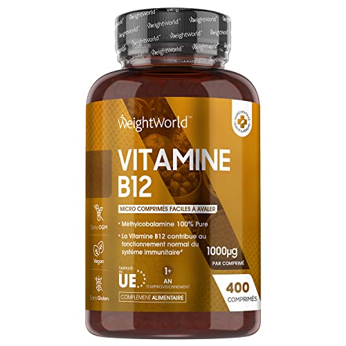 Vitamine B12 Vegan 1000 mcg, 400 Comprimés (+ 1 An) - B12 Méthylcobalamine Biodisponible - Pour l'Énergie, l'Immunité et la Fatigue - Origine Naturelle et Sans Gluten - Fabriqué en UE - WeightWorld