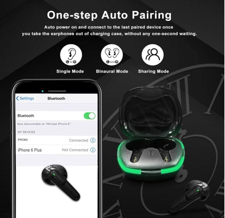 TWS Pro60 One-step Auto Pairing illustration with phone showing Bluetooth settings