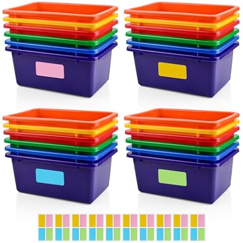 CONLI 24 Pcs Plastic Cubby Bins with Adhesive Labels for Classroom Organization, Toy Storage Bins Book Bins Cubby Storage Organizer Bins 6 Colors Storage Containers for Office Home Cover