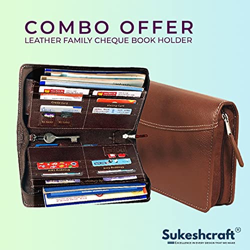 Image of Sukeshcraft Multiple Cheque Book Holder | Original Leather Holds Upto 8 Cheque Books, Locker Key Hook, 2 Photo Slots, 1 Pin-Sim Slot, 13 Credit /Debit Card Slots with Matching Zipper (Combo)