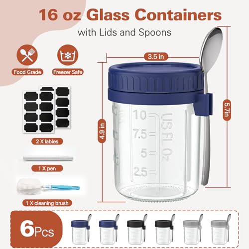 Cozyverge 6 Pack Overnight Oats Containers with Lids and Spoons, 16 oz Airtight Oatmeal Container with Measurement Marks, Overnight Oats Jars Large Capacity Airtight Jars for Milk, Cereal, Fruit — view 5