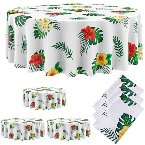 Image of Oudain 3 Pcs 84 inch Summer Round Hawaiian Tablecloths, Lagre Tropical Luau Plastic Table Covers with Palm Leaves & Hibiscus Flower, Aloha Tiki Beach Pool Party Decorations Supplies (White)