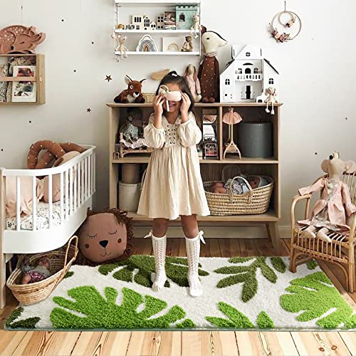Fofary Green Leaf Bathroom Runner Rug Long Bath Mat Cute Monstera Plant Rug Kids Room Decor Aesthetic Rug Large Non Slip Washable 20"X47" #TOP1
