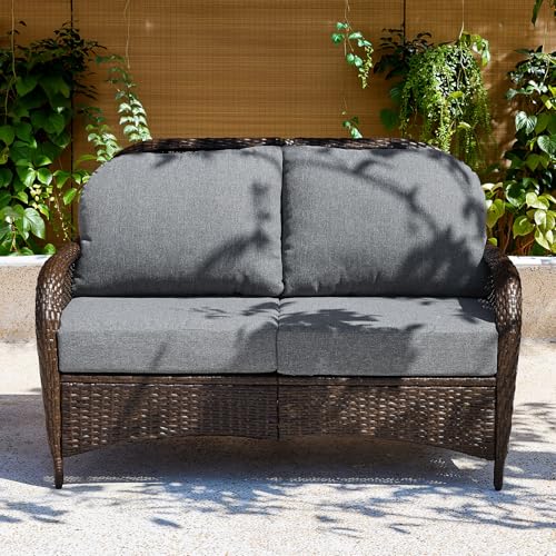 Tribesigns Outdoor Wicker Loveseat with 5.5 Thick Cushions 2-Seater Patio Sofa with 26.8 Deep Seat All-Weather Patio Wicker Loveseat for Porch Deck Backyard Poolside Gray/Brown