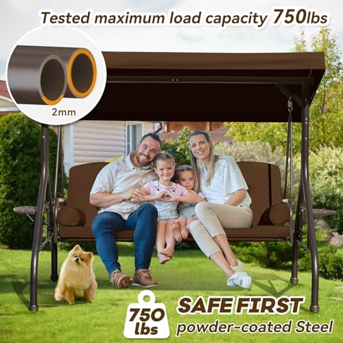 Image of 3 in 1 Outdoor Porch Swing with Adjustable Canopy, 3 Seat Outdoor Swing for Adults, Patio Swing Chair with Thickened Cushions,Pillows & Cup Holders for Backyard, Porch, Garden (Brown)