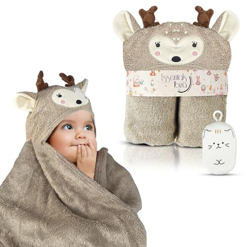 Capa de Baño con Capucha para Bebe y Esponja Regalo | Toalla Albornoz Bebé 100% Algodón Bambú Súper Suave | Recién Nacido Unisex Niños y Niñas de 0 a 4 años (Reno)