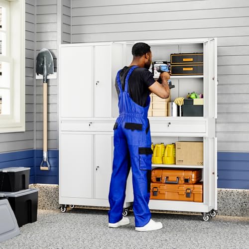 Image of Yizosh Metal Garage Storage Cabinet with Locking Doors and Adjustable Shelves, 73 inch Rolling Tool Storage Cabinet with 4 Wheels and 1 Drawer for Garage,Warehouse