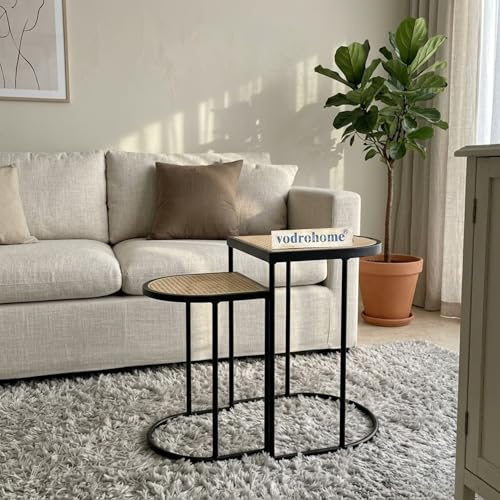 Image of Charcoal Rattan Cane Side Table with Glass top - Bohemian Solid Mango Wood Cane Iron Sofa Side end Table - Wood and Cane Nesting Table S#047 (Charcoal Black)