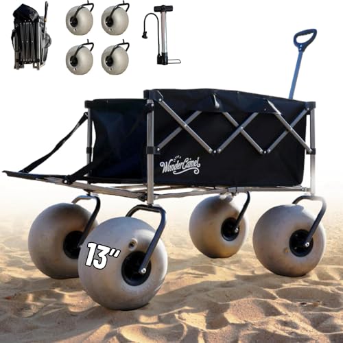 Beach Wagon with Big Wheels for Sand, 13'' Balloon Wheel, Collapsible Cart with All Terrain Inflatable Tires (Black, 185L)