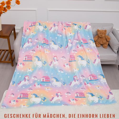 Einhorn Decke Glow In The Dark Kinder Kuscheldecke Flauschig MäDchen Geschenke 6-14 Jahre Geburtstag Couch Sofa üBerwurfdecke Fleecedecke Zimmer Deko Wolldecke (Einhorn House, 120 x 160 cm)