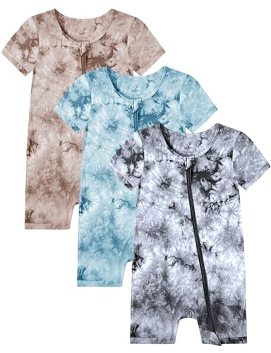 Image of Jimonda Baby Girl Boys Rayon From Bamboo Pajamas 3 Pack Short Sleeve Footless Romper 2 Way Zipper Tie Dye Pjs Sleeper 0-24M
