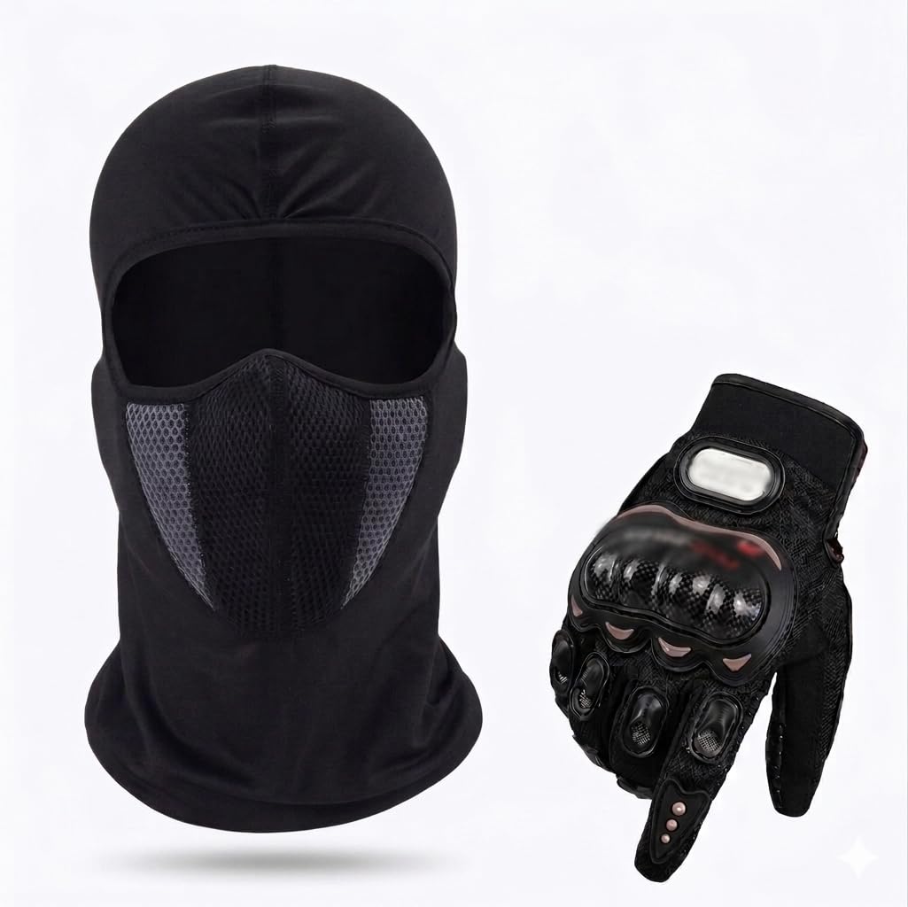 Biking Outdoor Combo Set, Balaclava Full Face Mask with Mesh Ventilation and Armoured Riding Gloves, Black-image-24