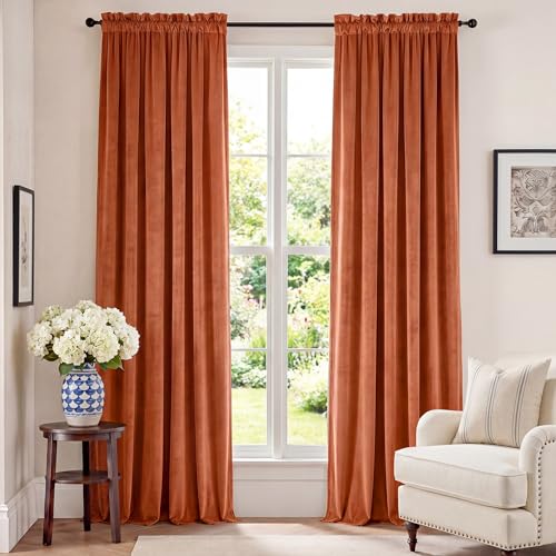 Image of Blackout Pumpkin Velvet Curtains Rod Pocket 52W x 96L 2 Panels | Soft Velvet, For Bedroom & Living Space, Light Shifting Texture, Elegant Luxury Drape, Charming, Warm
