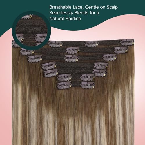 Image of Easyouth Clip in Hair Extensions Brown Balayage Remy Human Hair Clip in Extensions Chestnut Brown Balayage Platinum Blonde Silky Hair Extensions Clip ins Lightweight 14 Inch 7Pcs 80G