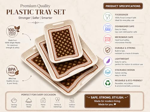 Image of 3 Pcs Plastic Serving Tray Set with Handle | Multipurpose Tea Snacks Breakfast Tray | Floral Printed Rectangular Serving Trays for Kitchen & Home (Brown Design)