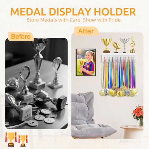 Image of Medal Hanger Display and Trophy Shelf Organizer, Wooden Wall Mount Ribbon Holder with 25 Steel Hooks, Race Awards Storage Rack Stand for Sports Enthusiasts