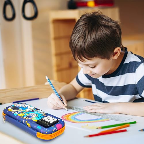 Image of VGRASSP Stationery Pencil Pouch for Kids with Mini Calculator - Space Theme Zipper Case with Multi Storage Compartments - School Supplies Organizer - Multicolor