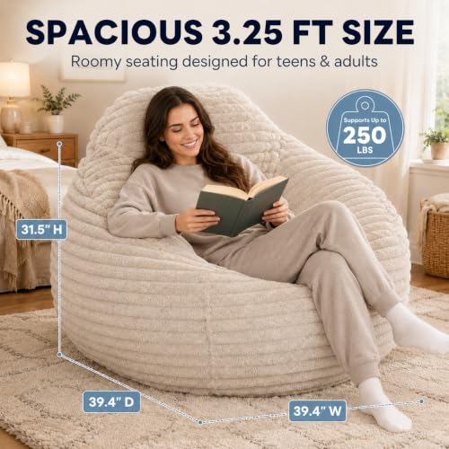 Image of Simple Deluxe 3.25 ft Faux Fur Memory Foam Bean Bag Chair, Large Comfy Lazy Chair for Adult with Memory Foam Filled & Washable Cover, Perfect for Reading Gaming in Living Room Bedroom, Taupe