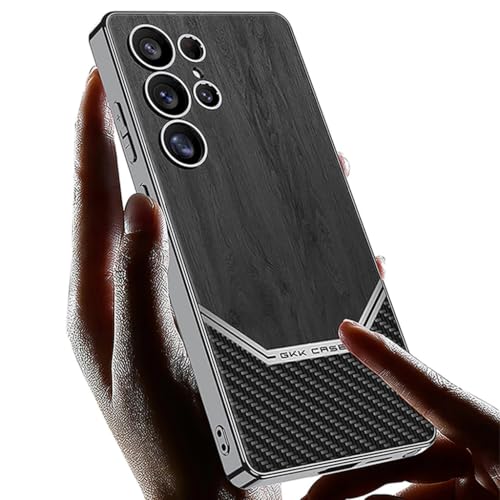 Image of TechTrendz Shockproof Electroplated Ultra Luxurious Vintage Wooden Grain Texture Leather Back Cover Case for Samsung Galaxy S25 Ultra 5G Carbon Fiber Camera Protection Business Cover (Black)