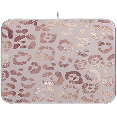 JUMBEAR Fashion Rose Gold Leopard Animal Print Dish Drying Mat for Kitchen Counter, Ultra Absorbent Reversible Microfiber Dishes Drying Rack Pad Heat-Resistant Mats 16x18in Cover