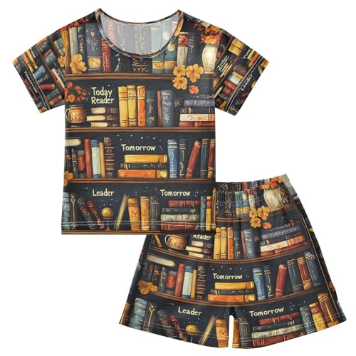 ALAZA Watercolor Bookworm Bookshelf Quotes Artwork Pajamas Set Short Sleeve Cotton Sleepwear Summer Pjs 2 Piece 5-14Y