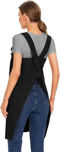 Miniatura 5 de Delantal de algodón con espalda cruzada para mujer, vestido casual con bolsillos grandes, delantal cuadrado suelto para hornear, cocinar, jardinería