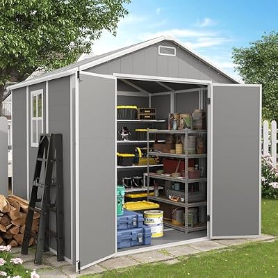 VONZOY Outdoor Storage Shed, 8x6 FT Resin Shed with Floor and Lockable Door, Window & Vents, Tool Sheds & Outdoor Storage for Bike, Garden Accessories, Tools, Waterproof (Grey & White)