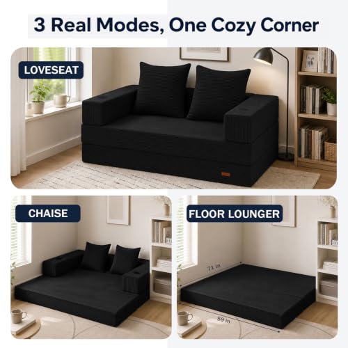 Image of COMAX Boneless Futon Sofa Bed, 59 inch Small Low-Profile Floor Couch, Black