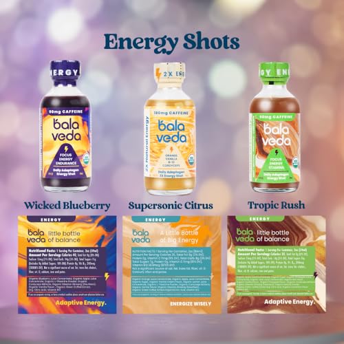 Image of balaveda Organic Energy and Wellness Shots Variety Pack, 2oz Glass Bottles | USDA Organic Adaptogen Shots, Energy, Beauty & Immunity Wellness Shot Varieties, 2oz Glass Bottles