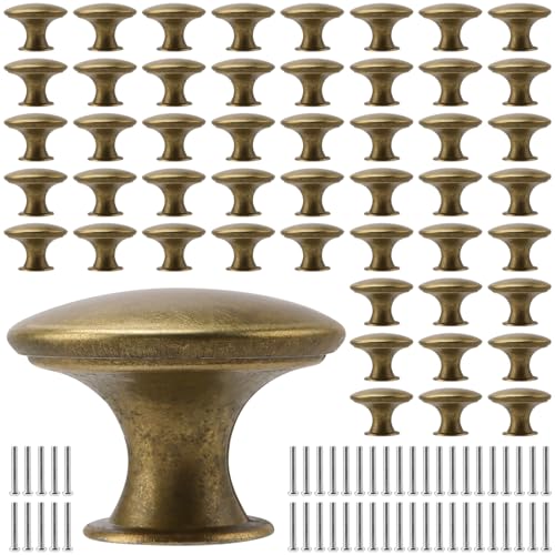 TAICHEUT 50 pomos de latón para cajones, 30 x 21 mm, redondos, de latón, con tornillos, manijas de gabinete retro para armario de cocina, cajones de baño, armario de dormitorio