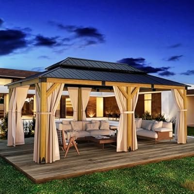 HOMPUS 12x20 FT Hardtop Wood Gazebo, Cedar Wood Frame Gazebo with Double Metal Roof, Outdoor Gazebo with Netting & Curtains, Wooden Gazebos Pavilion for Backyard, Garden, Deck, Cedar