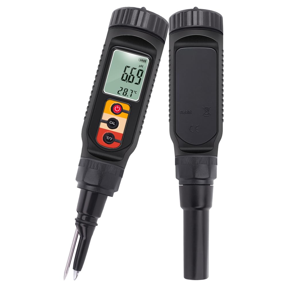 Fafeicy Misuratore di PH per Alimenti ABS Tester di PH da 0,00 a 14,00 con Temperatura da 32 a 122 Gradi Fahrenheit LCD Retroilluminato ATC Sonda Staccabile per Terra Carne For