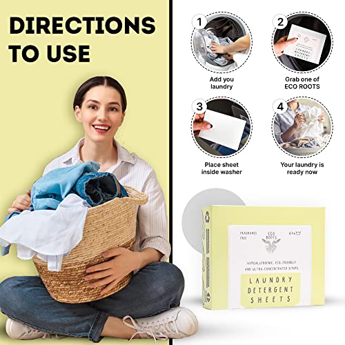 Eco Roots Laundry Detergent Sheets 64 Loads | Eco Friendly Unscented Sheets, Laundry Sheet, Liquidless Travel Size Laundry Strips Detergent, Washer Sheets, Zero Waste Plastic Free Sustainable Products #TOP5