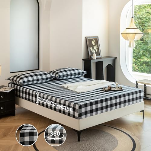 EVERLY Linen Sheets Set King Size,100% French Stonewash Pure Linen Bed Sheets,4Pieces (1Flat Sheet,1Fitted Sheet,2Pillowcase) Suitable for Hot Sleepers,Deep Pocket Natural Bedding Set-Black Plaid