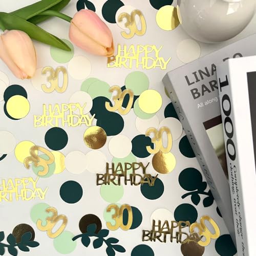 Image of Sage Green 30th Happy Birthday Confetti, Table Decorations Green Gold Foil Scatter Cake Confetti for 30th Birthday Her Him Party Decor 230 Pcs
