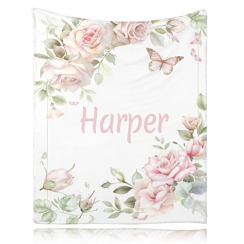 Snewvie Personalised Baby Blankets with Name,Custom Soft Flannel Blanket for Girls,Kids,Adult,Women,Customised Blankets with Printed Flowers Gifts for Baby Shower Christmas Birthday — image 1