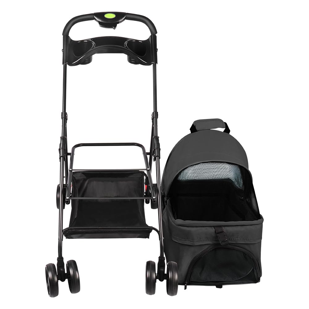 Wózek dla psa i kota 2 w 1, składany wózek dla kota ze zdejmowaną gondołką, składany wózek dla psa, poduszka, smycz bezpieczeństwa, do 20 kg, 50 x 65 x 99 cm, czarny