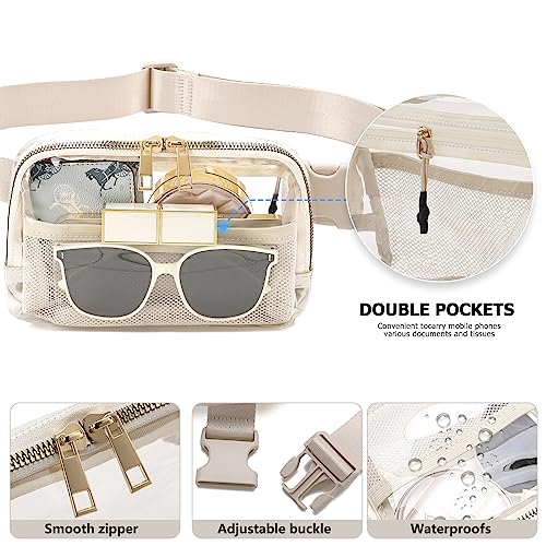 Image of Clear Fanny Pack Belt Bag Stadium Approved for Women Men with Adjustable Strap Water-resistant Waist bag Clear Purse for Travel Workout Running Hiking(Beige)
