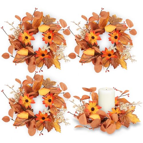 Image of 4 Pcs Fall Floral Candle Rings Wreaths Autumn Flower Rings for Centerpieces Harvest Pumpkins Wreath Mini Thanksgiving Cabinets Farmhouse Front Door Decoration