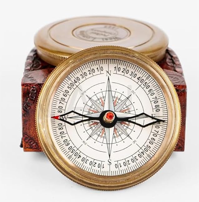 QADEEM Antiqued Brass Robert Frost Poem Compass with Leather Case