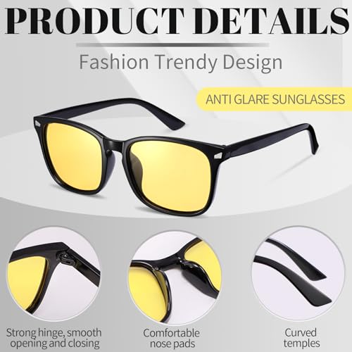 Image of Polarized Sunglasses for Women Men Night Vision Glasses Anti Glare | Yellow Anti Glare UV400 Lens, Lightweight Square Frame, for Day Night Use, Driving, Fishing, Cycling, Traveling
