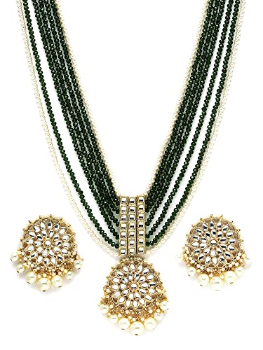 Image of Karatcart Gold Plated Green Crystal and Pearl Studded Kundan Rani-Haar Necklace Set for Women