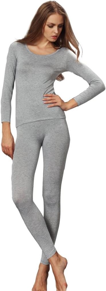 Liang RouWomen's Crewneck Long Johns Ultra Thin Modal Thermal Underwear Top & Bottom Set